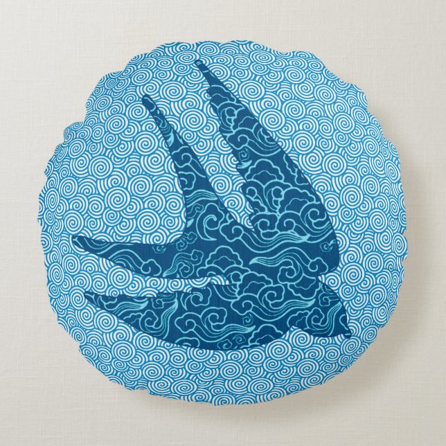 Japanese Swallow in Flight, Cobalt and Pale Blue Round Cushion (Front)