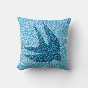 Japanese Swallow in Flight, Cobalt and Pale Blue T Cushion