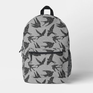 Japanese Swallows in Flight, Black and Light Grey Printed Backpack