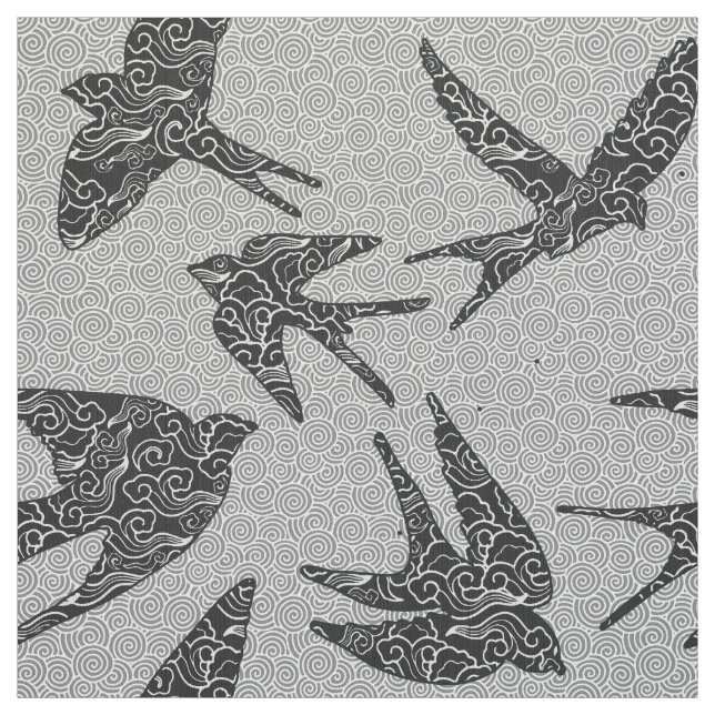 Japanese Swallows in Flight, Charcoal & Light Grey Fabric (Swatch)