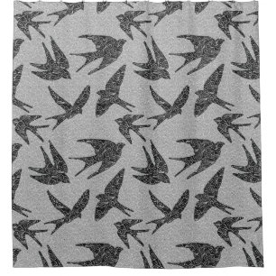 Japanese Swallows in Flight, Charcoal & Light Grey Shower Curtain