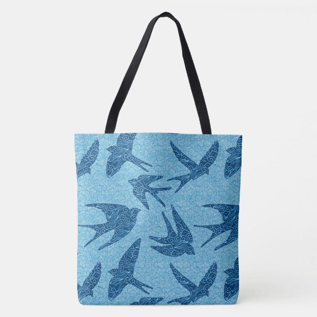 Japanese Swallows in Flight, Cobalt and Pale Blue Tote Bag (Front)