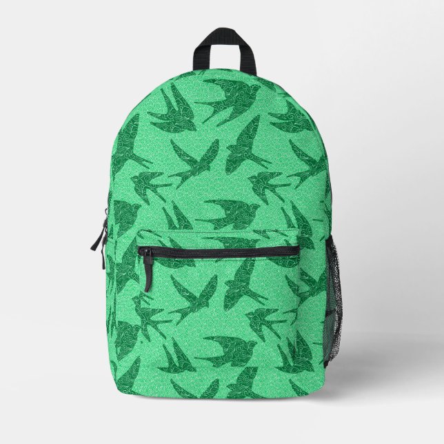 Japanese Swallows in Flight, Jade & Emerald Green Printed Backpack (Front)