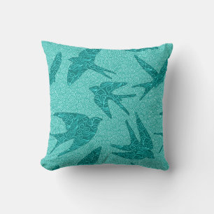 Japanese Swallows in Flight, Turquoise and Aqua Cushion
