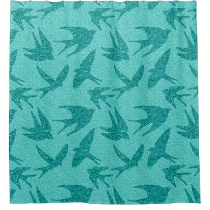 Japanese Swallows in Flight, Turquoise and Aqua Shower Curtain