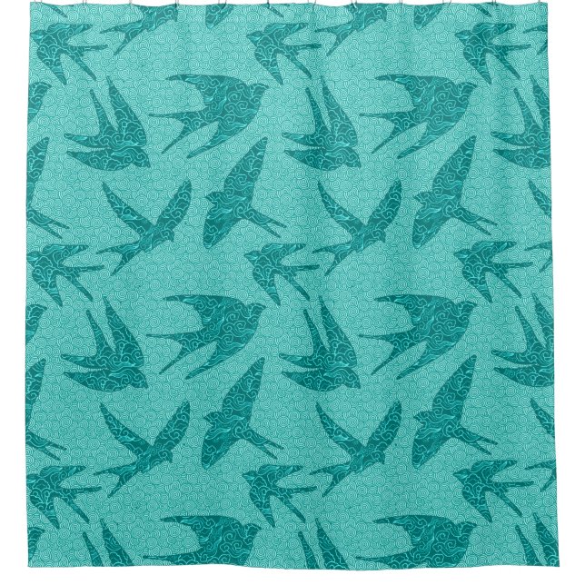 Japanese Swallows in Flight, Turquoise and Aqua Shower Curtain (Front)