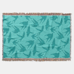 Japanese Swallows in Flight, Turquoise and Aqua Throw Blanket