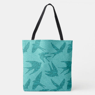 Japanese Swallows in Flight, Turquoise and Aqua Tote Bag