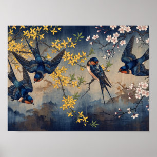 Japanese Swallows & Spring Blossoms Poster