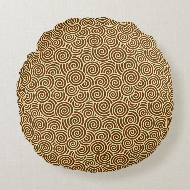 Japanese swirl pattern - chocolate brown round cushion (Front)