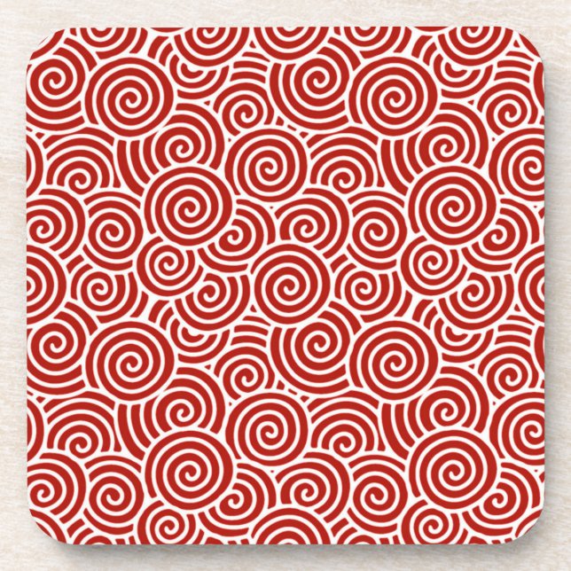 Japanese swirl pattern - deep red and white coaster (Front)