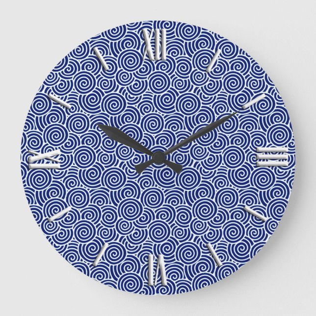 Japanese swirl pattern - navy blue and white large clock (Front)
