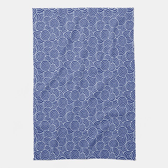 Japanese swirl pattern - navy blue and white tea towel (Vertical)