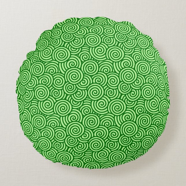 Japanese swirl pattern - pine and lime green round cushion (Front)