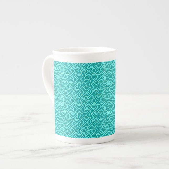 Japanese swirl pattern - turquoise and aqua bone china mug (Front Left)