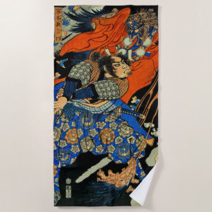 Japanese swordsman fighting monster beach towel