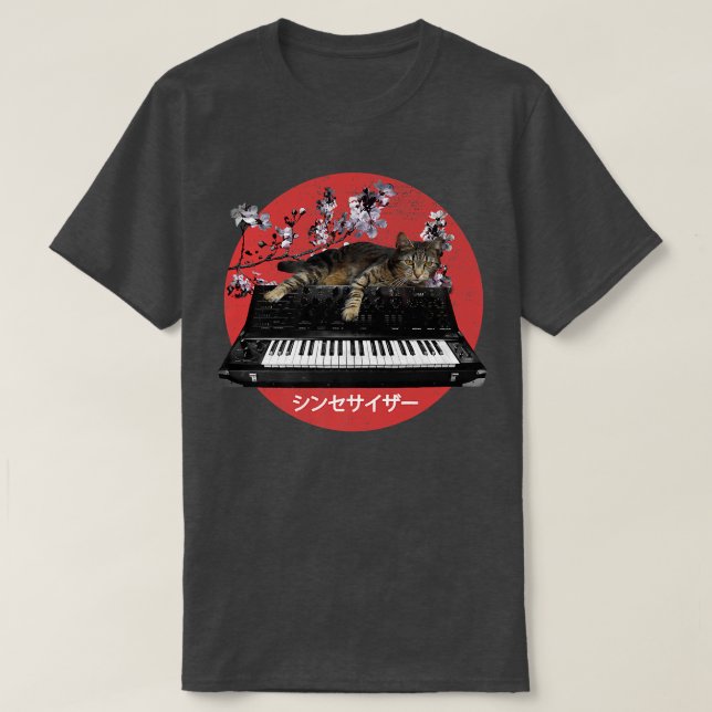 Japanese Synthesizer Cat Cherry Blossom  T-Shirt (Design Front)