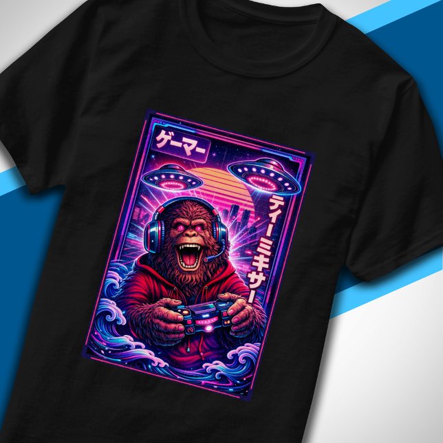 Japanese Synthwave Sci Fi UFO Bigfoot Cool Gamer T-Shirt (Creator Uploaded)