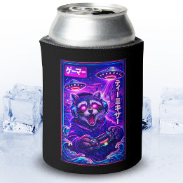 Japanese Synthwave Sci Fi UFO Raccoon Cool Gamer Can Cooler