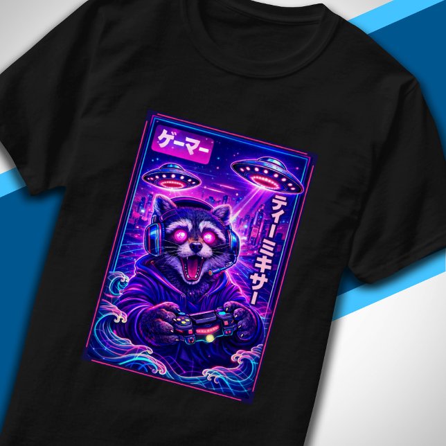 Japanese Synthwave Sci Fi UFO Raccoon Cool Gamer T-Shirt (Creator Uploaded)