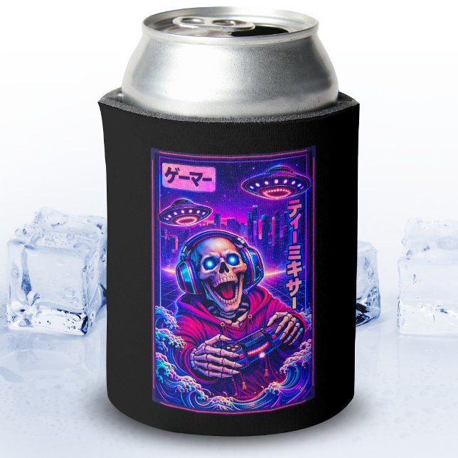 Japanese Synthwave Sci Fi UFO Skeleton Cool Gamer Can Cooler (Creator Uploaded)