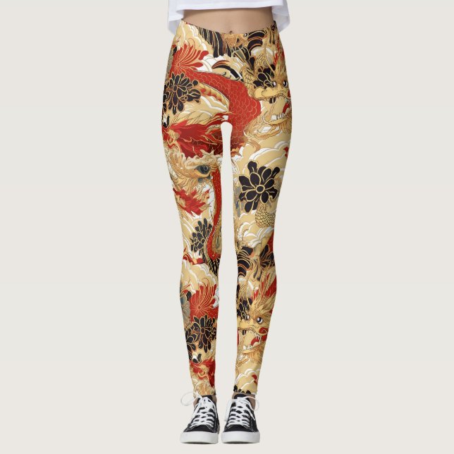 Japanese Tattoo Style Dragon Pattern Leggings (Front)