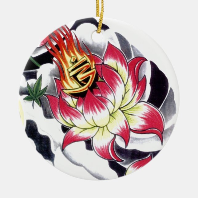 Japanese Tattoo Style Flaming Lotus Flower Ceramic Tree Decoration (Front)