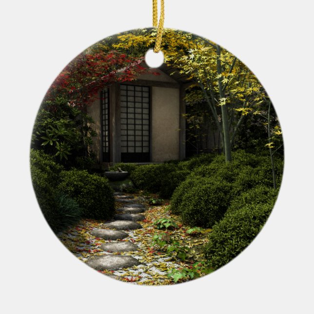 Japanese Tea House and Garden in Autumn Ceramic Ornament (Front)