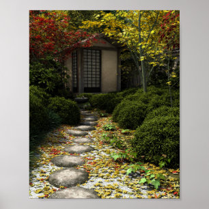 Japanese Tea House and Garden in Autumn Poster