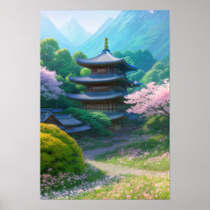 Japanese Temple Amidst Beautiful Scenery Poster