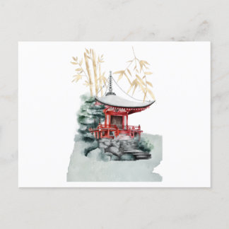 Japanese temple and bamboo gold postcard
