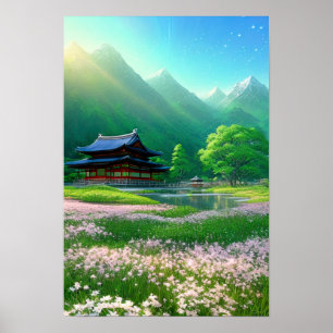 Japanese Temple and Pink Flowers Poster