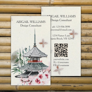 Japanese Temple, Bamboo, Cherry Blossoms Business Card