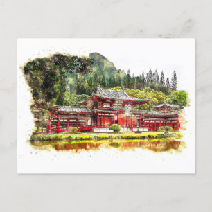 Japanese Temple in The Forest Watercolor Art Holiday Postcard