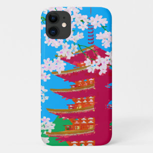 Japanese temple with cherry blossom iPhone 11 case