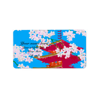 Japanese temple with cherry blossom label