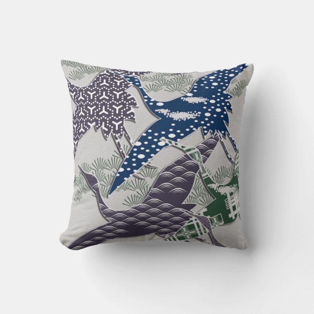 Japanese textile cranes cushion (Front)