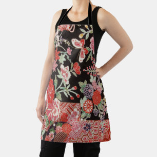 Japanese Textile, Flower and Butterfly Pattern Apron