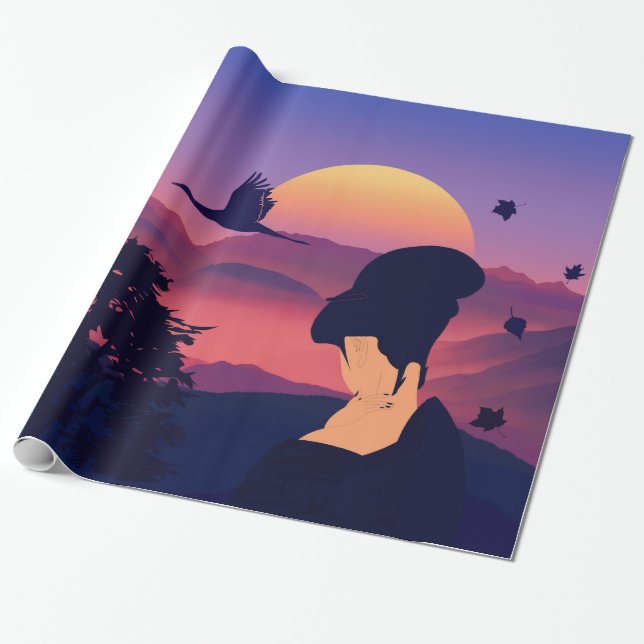 Japanese Theme Geisha Tree And Rising Sun Wrapping Paper (Unrolled)