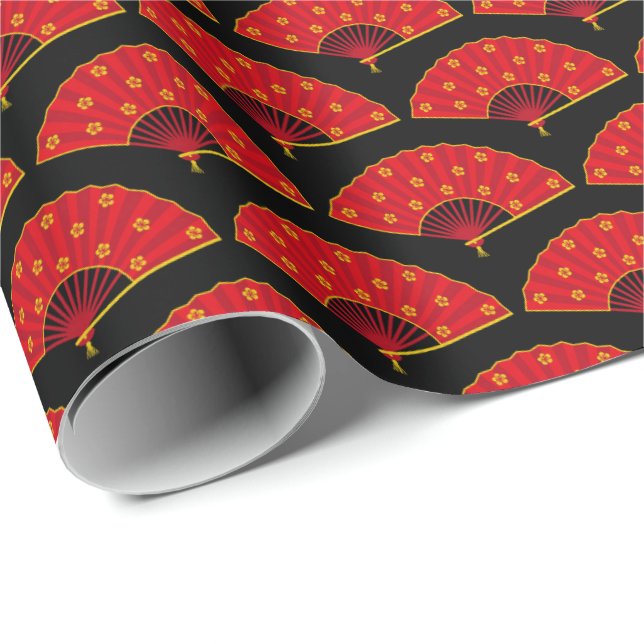 Japanese Themed Traditional Red Oriental Fans Wrapping Paper (Roll Corner)