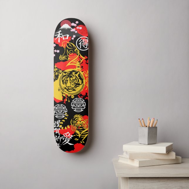 Japanese tiger asian mixed media culture red black skateboard (Wall Art)