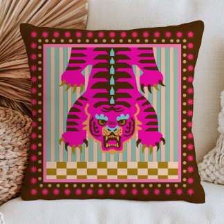 Japanese Tiger on Stripes& Chequered Pattern Funky Cushion