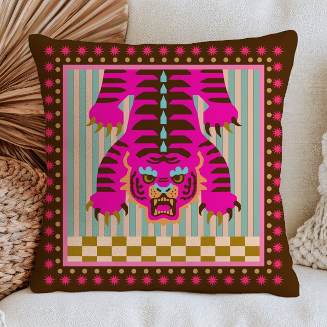 Japanese Tiger on Stripes& Chequered Pattern Funky Cushion (Creator Uploaded)