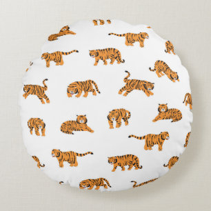 Japanese Tiger: Vintage Doodle Seamless Round Cushion