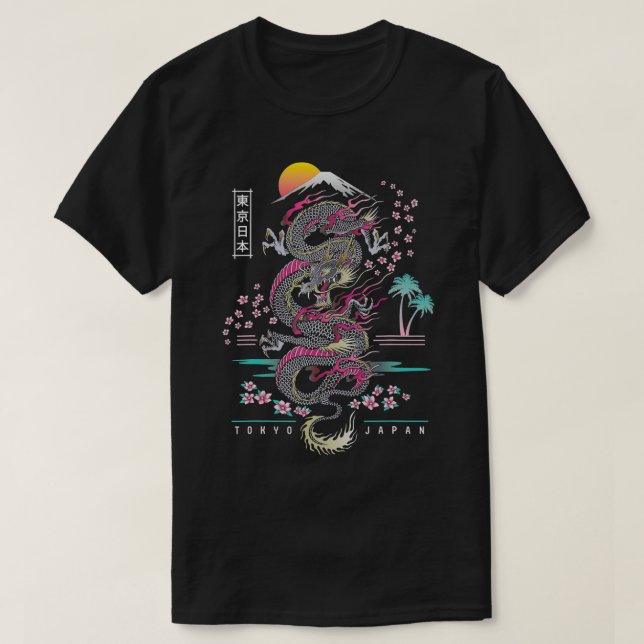 Japanese Tokyo Dragon Asian inspired Neon retro 80 T-Shirt (Design Front)