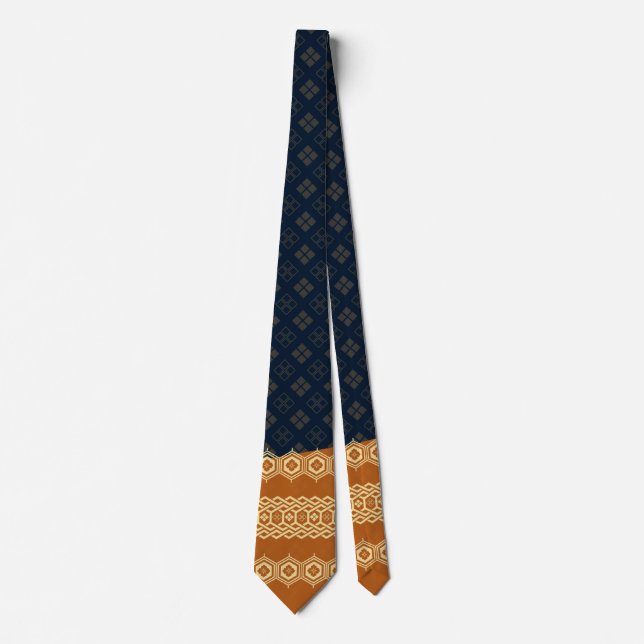 Japanese Tortoise and Diamond Pattern Gold Navy Tie (Front)