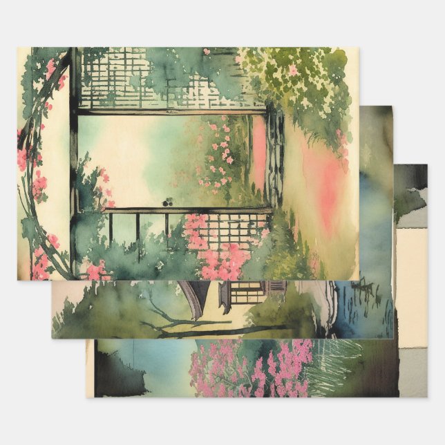 Japanese traditional Landscape Paint ephemera No10 Wrapping Paper Sheet (Set)