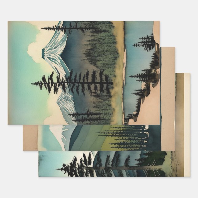 Japanese traditional Landscape Paint ephemera No3 Wrapping Paper Sheet (Set)