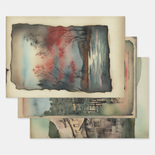 Japanese traditional Landscape Paint ephemera No8 Wrapping Paper Sheet
