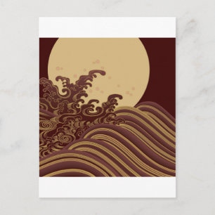 Japanese Traditional Wave and Moon Pattern Postcard